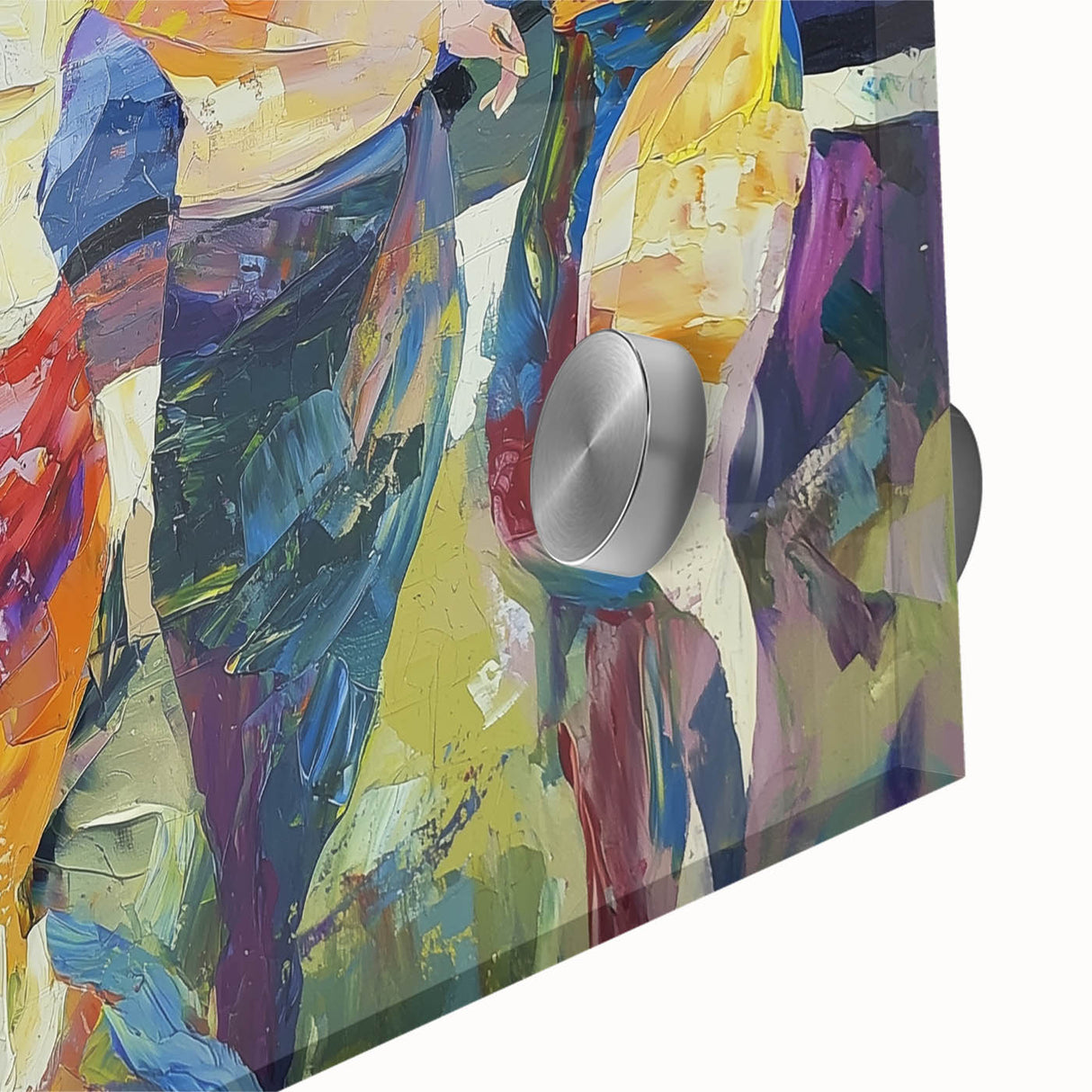 Abstract figurative artwork in vibrant acrylic colors, showcasing a dynamic glass design with intricate details and textures, perfect for modern decor.