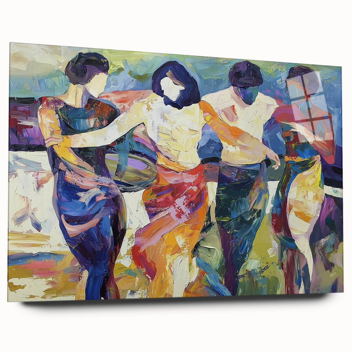 Abstract acrylic glass artwork showcasing a side profile of a figurative design, emphasizing vibrant colors and unique textures, ideal for modern decor.
