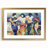 Abstract figurative artwork framed in gold with a mat, showcasing vibrant colors and dynamic shapes, perfect for modern decor in living spaces or galleries.