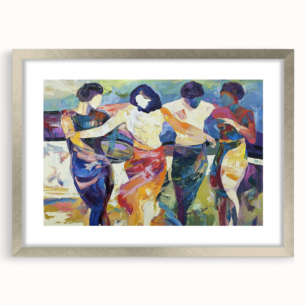 Abstract figurative art frame with a silver mat, showcasing modern design elements. Ideal for enhancing contemporary home decor aesthetics and artistic expression.