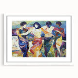 Abstract figurative artwork framed with a white mat, showcasing vibrant colors and dynamic shapes, perfect for modern home decor and art enthusiasts.