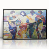 Framed acrylic artwork showcasing an abstract figurative design with bold colors and dynamic shapes, ideal for modern home decor and artistic expression.