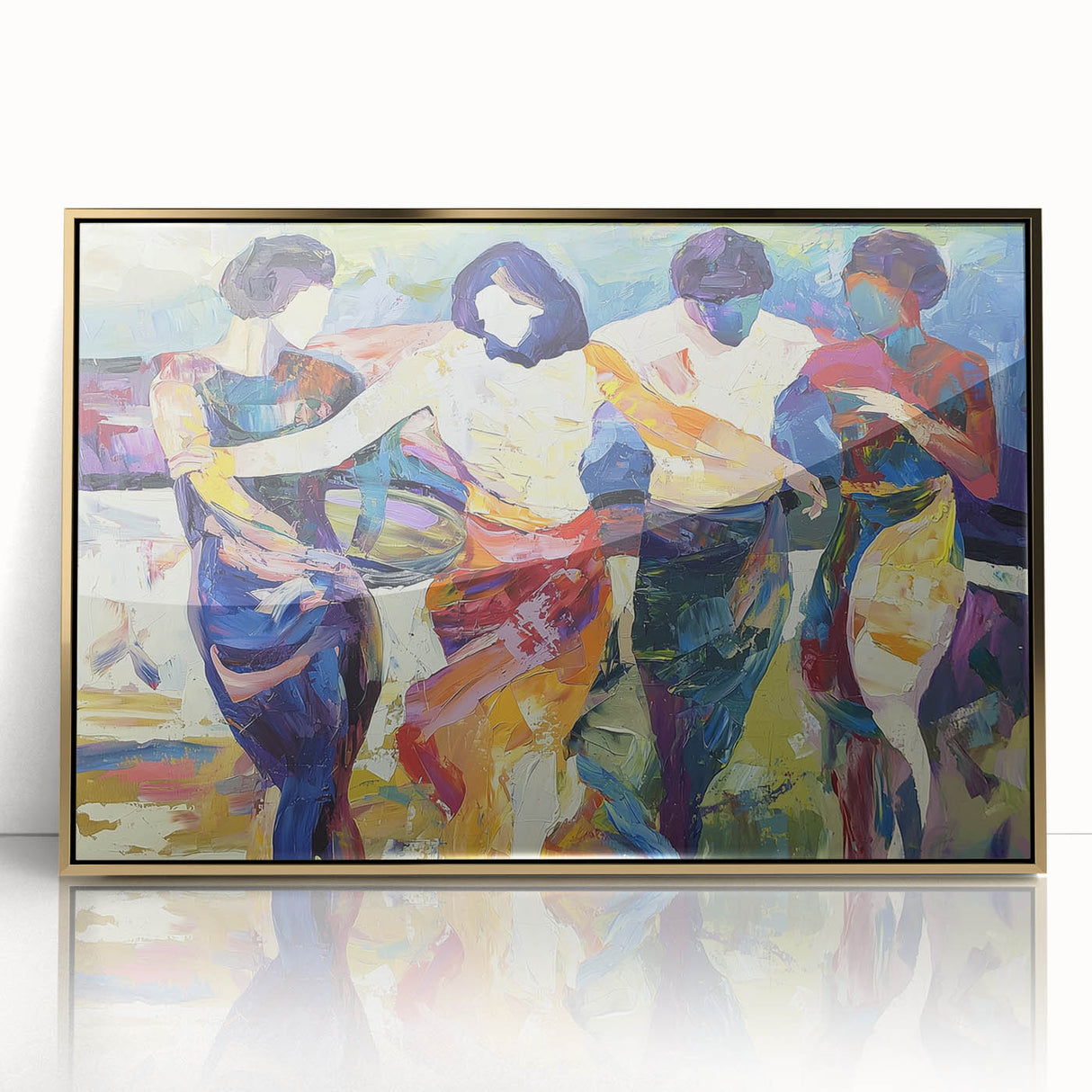 Framed abstract figurative artwork in gold tones, showcasing a modern design with intricate details. Perfect for contemporary home decor, enhancing any living space.