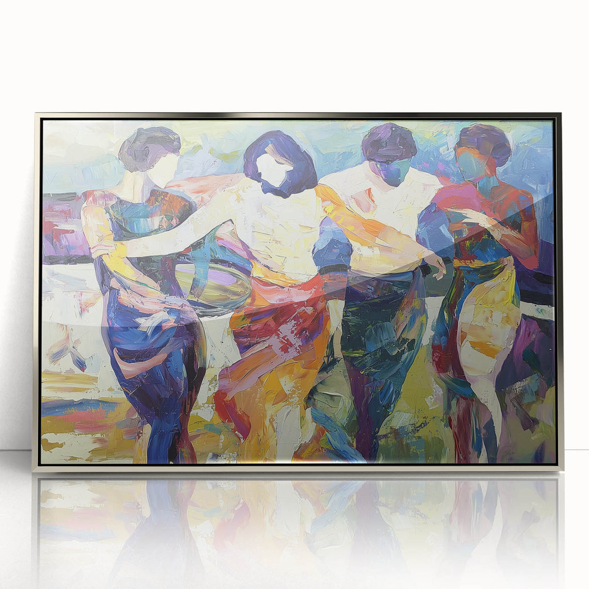 Abstract figurative framed acrylic artwork featuring silver tones and fluid shapes, perfect for modern decor in living spaces or offices, enhancing artistic ambiance.