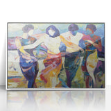 Framed abstract figurative artwork in acrylic with a white border, showcasing vibrant colors and dynamic shapes, ideal for modern home decor.