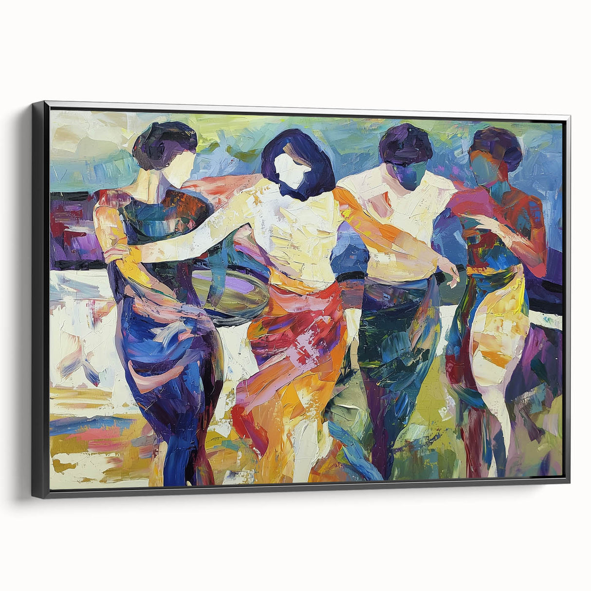 Framed abstract figurative canvas art in black, showcasing dynamic shapes and textures, ideal for modern home decor. Side view highlights its sleek design.