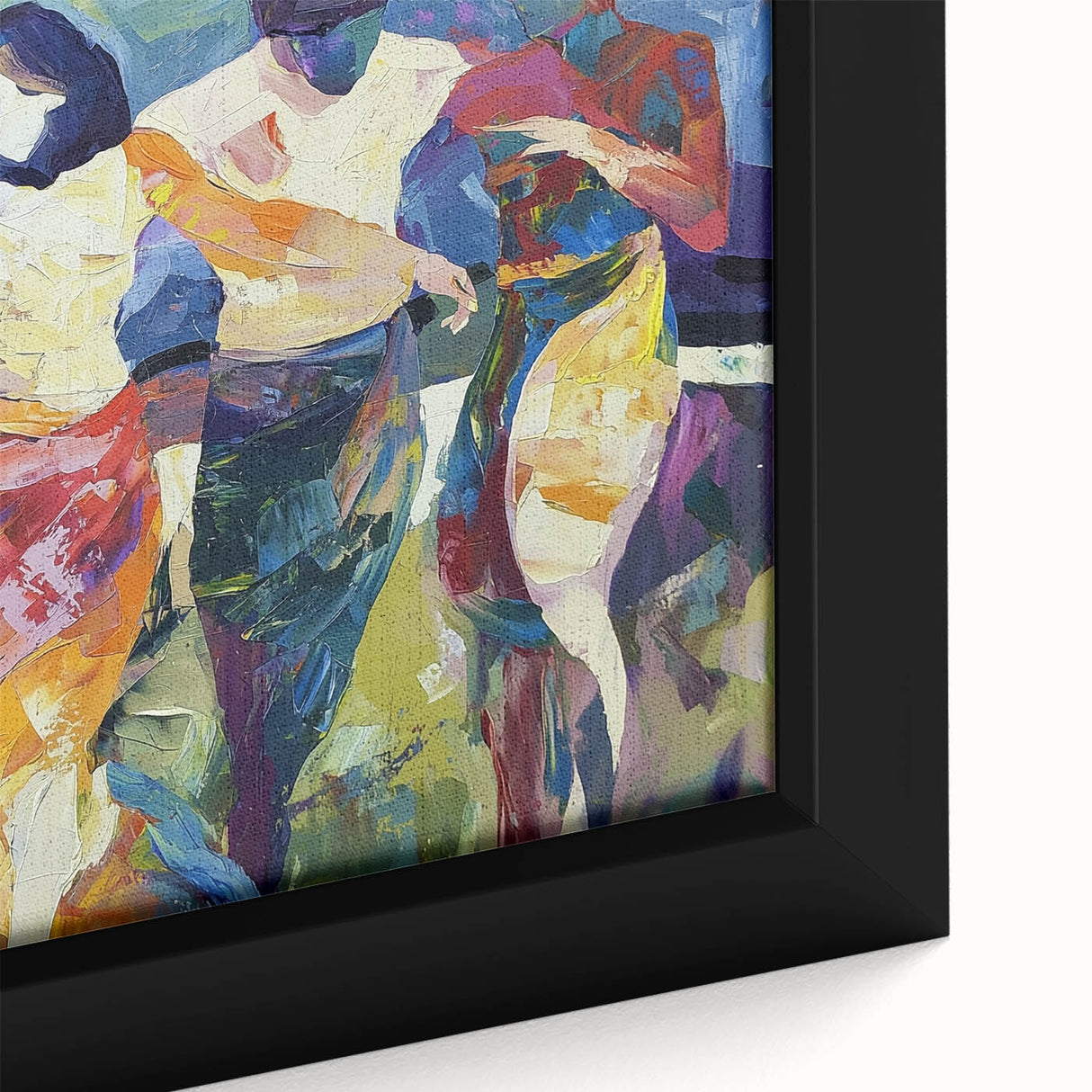 Close-up of an abstract figurative framed canvas artwork showcasing vibrant colors and intricate textures, ideal for modern home decor and artistic expression.