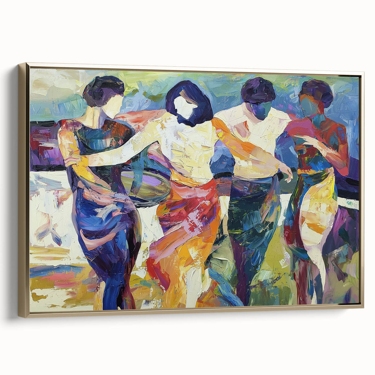 Framed abstract figurative canvas artwork with a gold frame, showcasing vibrant colors and dynamic shapes, perfect for modern home decor.