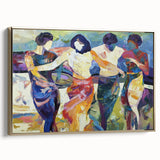 Framed abstract figurative canvas artwork with a gold frame, showcasing vibrant colors and dynamic shapes, perfect for modern home decor.
