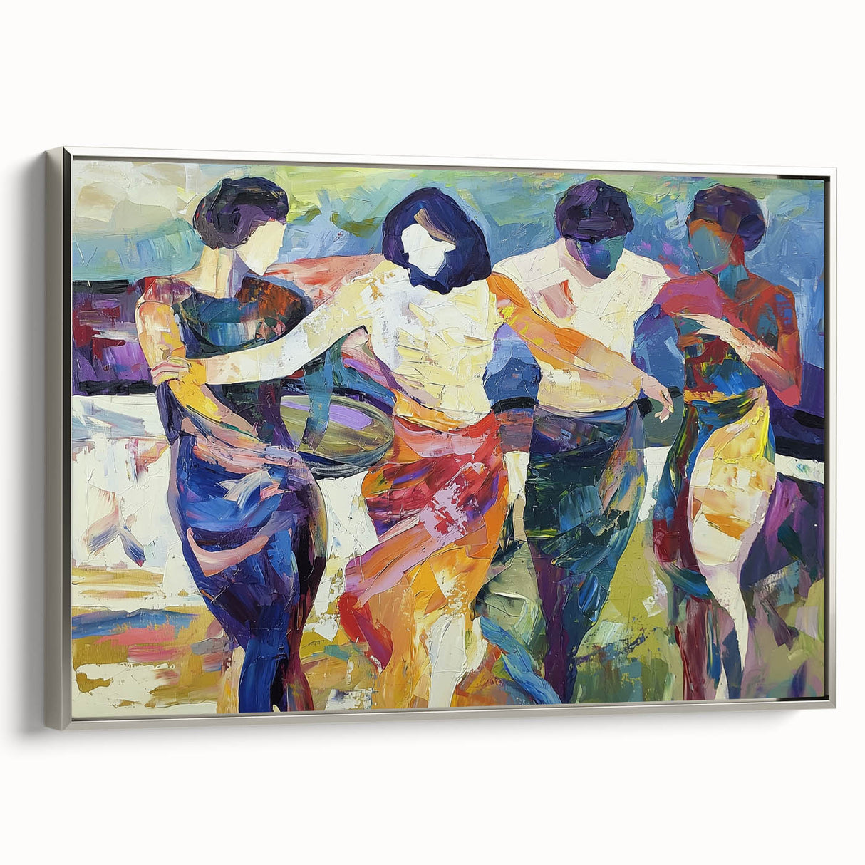 Framed abstract figurative canvas art showcasing silver accents, elegantly displayed in a modern setting, perfect for contemporary home decor.