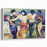 Abstract figurative framed canvas artwork showcasing a dynamic interplay of shapes and colors, featuring a predominantly white background, ideal for modern decor.