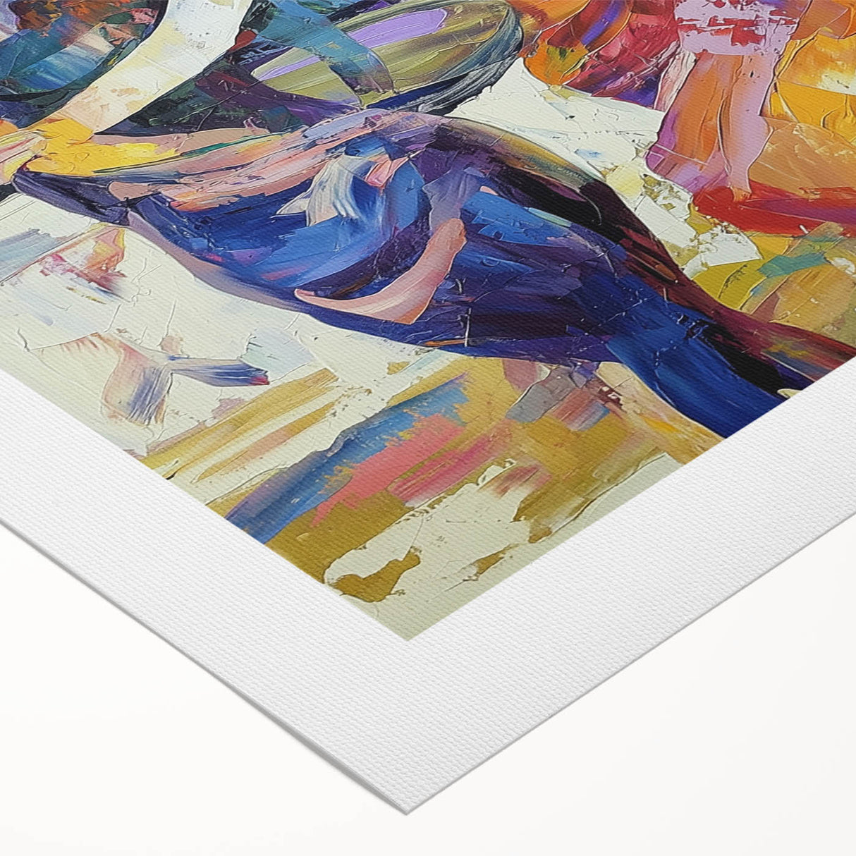 Abstract figurative rolled canvas art showcasing vibrant colors and dynamic shapes, ideal for modern decor. Packaged securely in a robust cardboard tube for safe delivery.