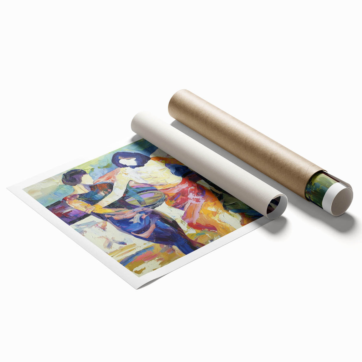 Abstract figurative art print showcasing vibrant colors and dynamic shapes, rolled for easy transport, ideal for modern home decor or artistic display.