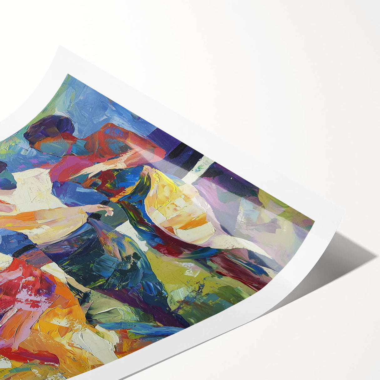 Abstract figurative rolled print showcasing vibrant colors and dynamic shapes, encapsulating modern artistic expression, packaged securely for delivery.