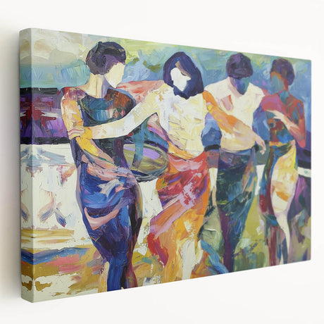 Abstract figurative stretched canvas artwork displaying vibrant colors and dynamic shapes, ideal for contemporary home decor, showcasing a side view perspective.
