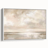 Framed canvas wall art depicting an abstract landscape with soft hues of blue and green, showcased in a white frame, ideal for modern home décor.