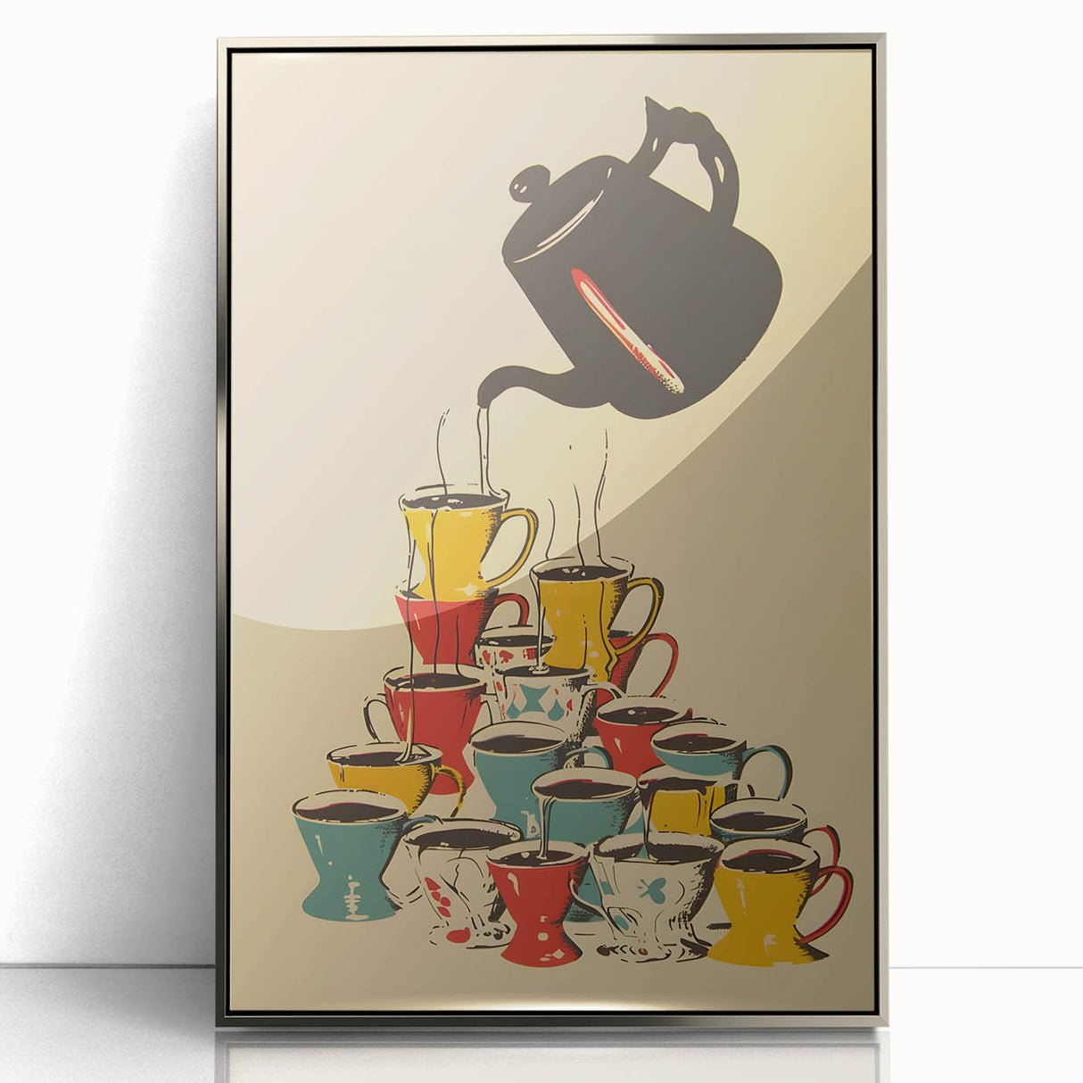 Mid-century modernist art depicting food and drinks in muted colors, framed in silver acrylic.
