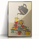 Mid-century modernist art depicting food and drinks in muted colors, framed in silver acrylic.