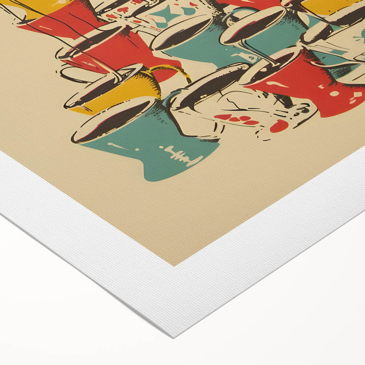 Art deco poster featuring a stylized cocktail glass in bold black and gold tones on a rolled canvas.