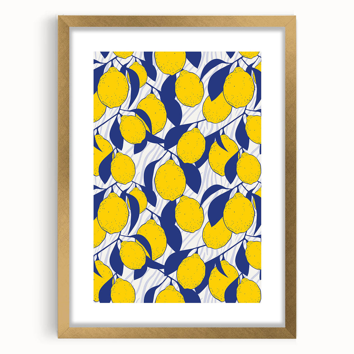Extra large abstract art print featuring textured fruit designs in gold tones, framed with a mat.