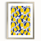 Textured art featuring abstract fruit designs in vibrant colors on a framed silver mat, suitable for bedroom decor.