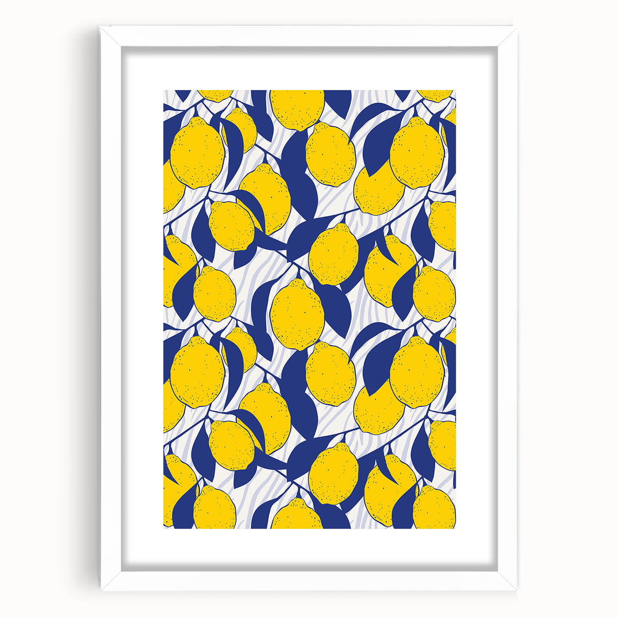 Abstract art print featuring assorted fruits in bold colors on a white framed mat, ideal for dining room decor.