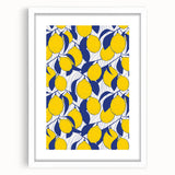Abstract art print featuring assorted fruits in bold colors on a white framed mat, ideal for dining room decor.