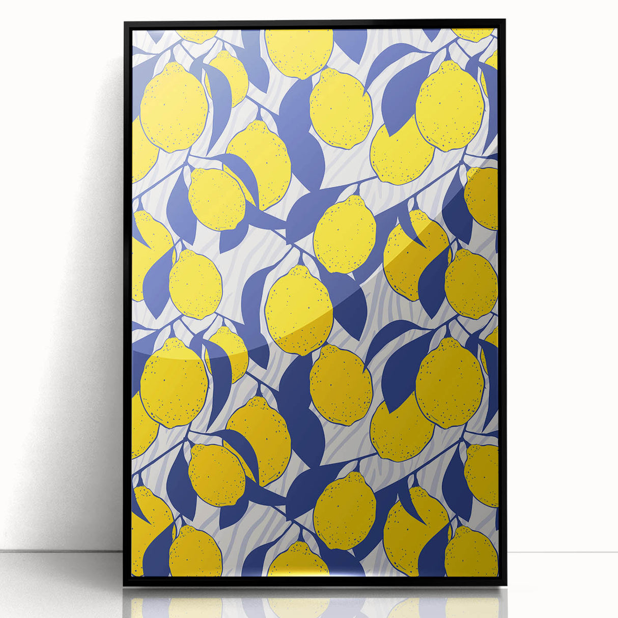 Large abstract wall art featuring assorted fruits in bold colors on a black acrylic framed print.