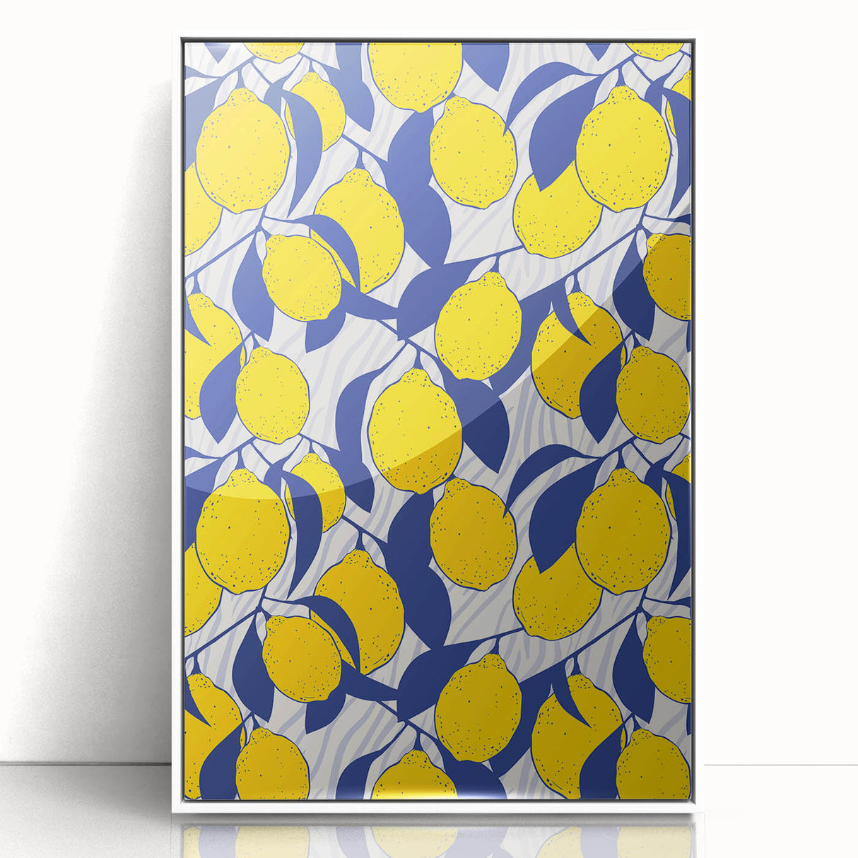 Art deco poster of colorful fruits in vibrant shades, framed in white acrylic, ideal for modern nursery wall art.