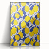 Art deco poster of colorful fruits in vibrant shades, framed in white acrylic, ideal for modern nursery wall art.