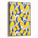 Framed canvas featuring a vintage poster art of assorted fruits in muted earth tones, ideal for bedroom wall decor.