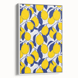 Vintage poster art of colorful fruits on a black background, framed canvas, ideal for living room decor.