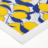 Art deco poster featuring an assortment of fruits in muted colors on rolled canvas, suitable for dining room decor.