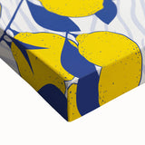 Large art of a black and white landscape painting on stretched canvas, featuring an array of fruits.