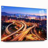 Acrylic glass side view of a landscape bridge design, showcasing vibrant colors and intricate details, secured with pins for display. Ideal for modern home decor.