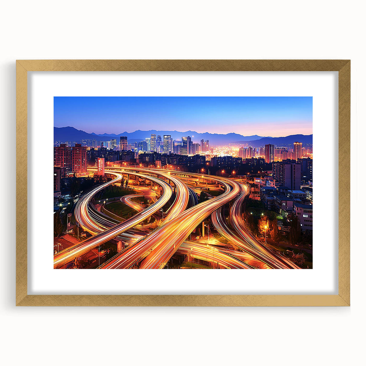 Gold landscape bridge frame featuring an elegant mat, showcasing a modern design. This front view highlights its sleek lines and luxurious finish, perfect for enhancing home decor.