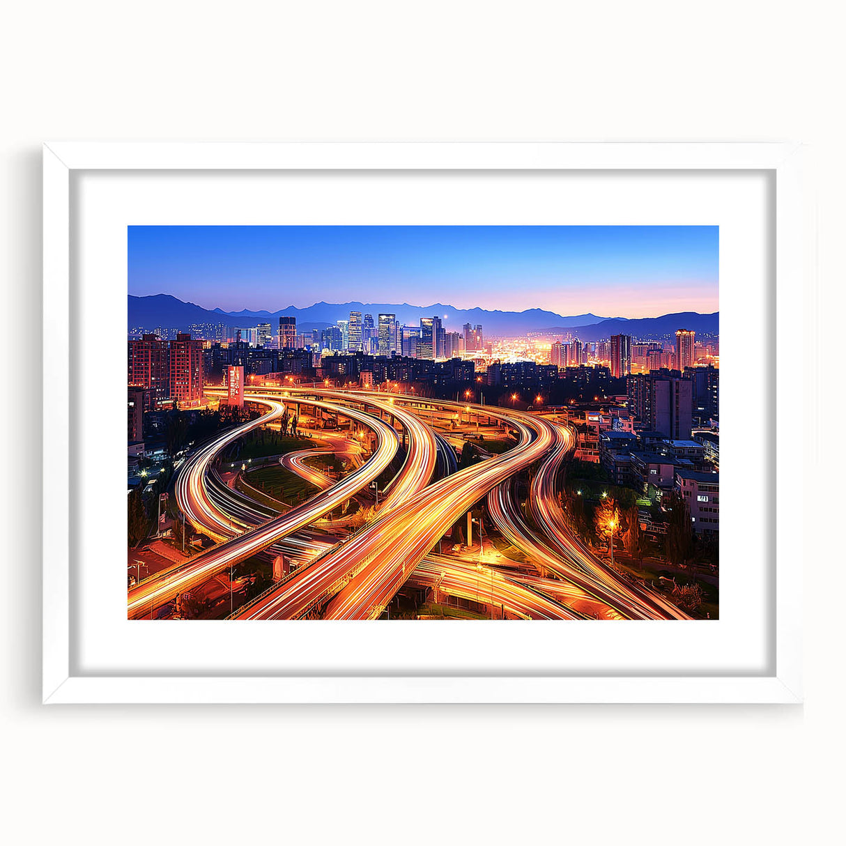 Landscape bridge frame in white with a mat, showcasing a modern design suitable for home decor. Ideal for displaying artwork or photographs in a stylish setting.