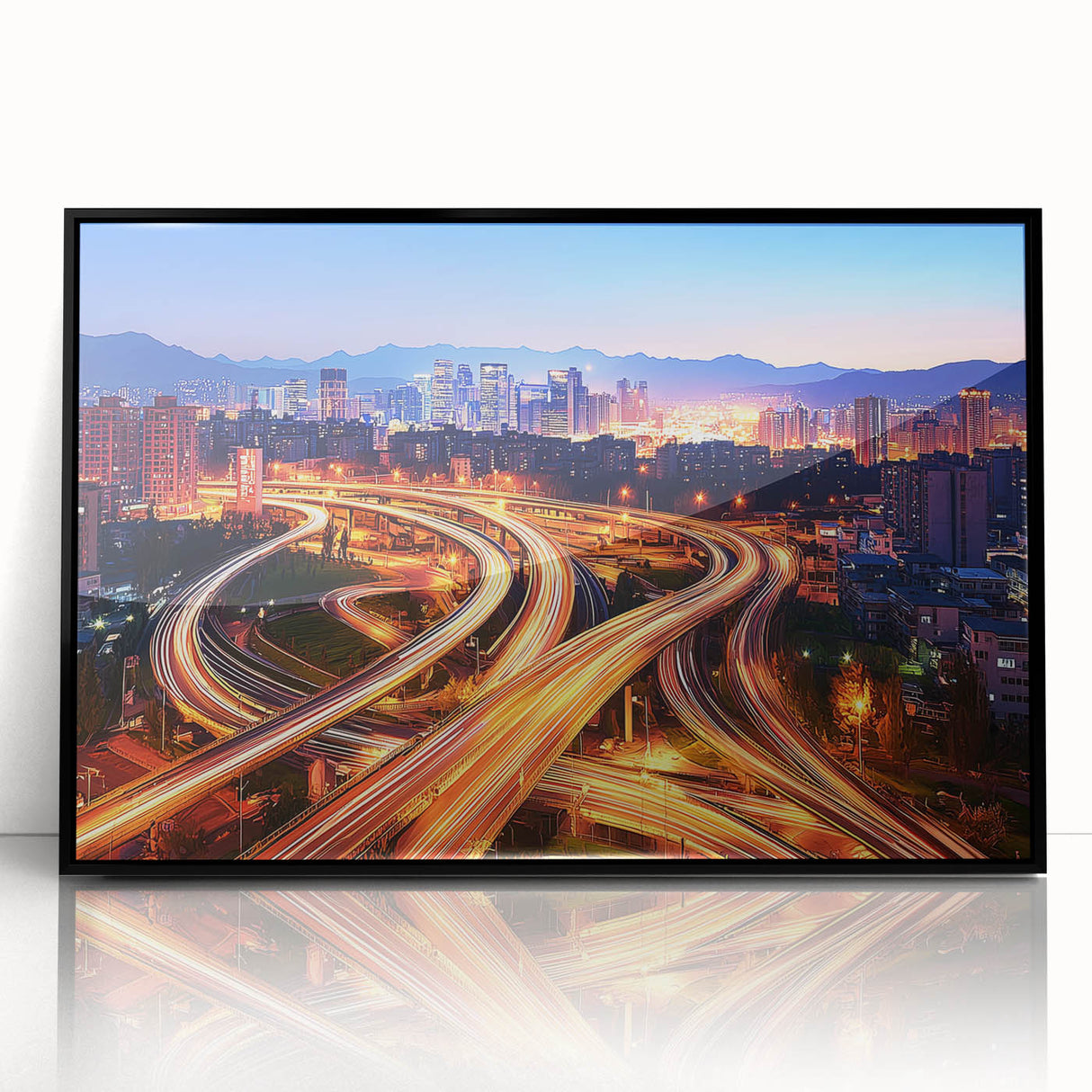 Framed acrylic artwork of a landscape bridge in a black frame, showcasing vibrant colors and intricate details, perfect for enhancing home decor.