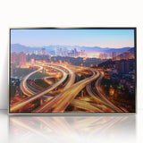 Framed acrylic artwork depicting a serene landscape bridge scene, featuring vibrant colors and intricate details, ideal for home decor or art enthusiasts.