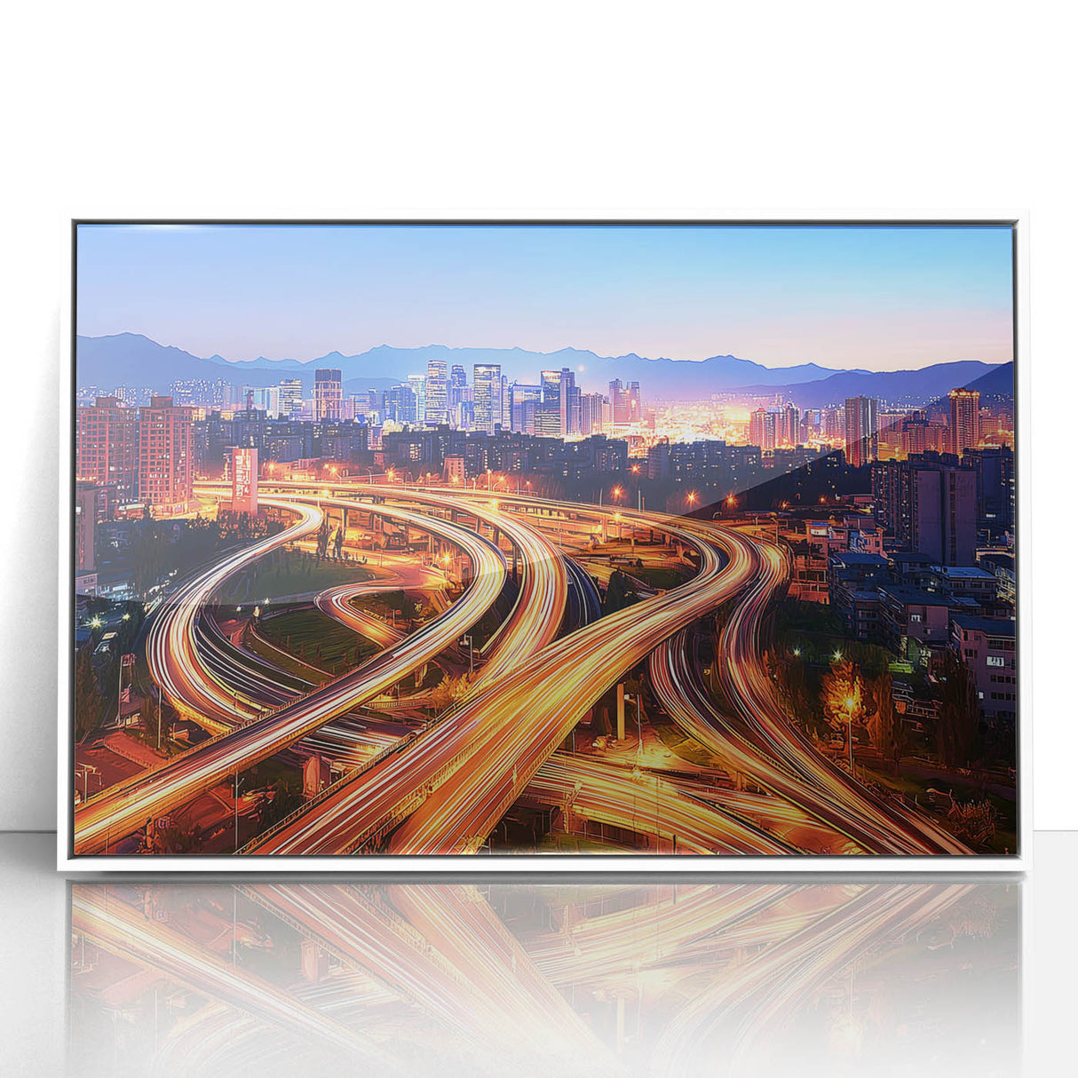 Framed acrylic artwork of a serene landscape bridge scene, featuring vibrant colors and intricate details, ideal for home decor or office settings.