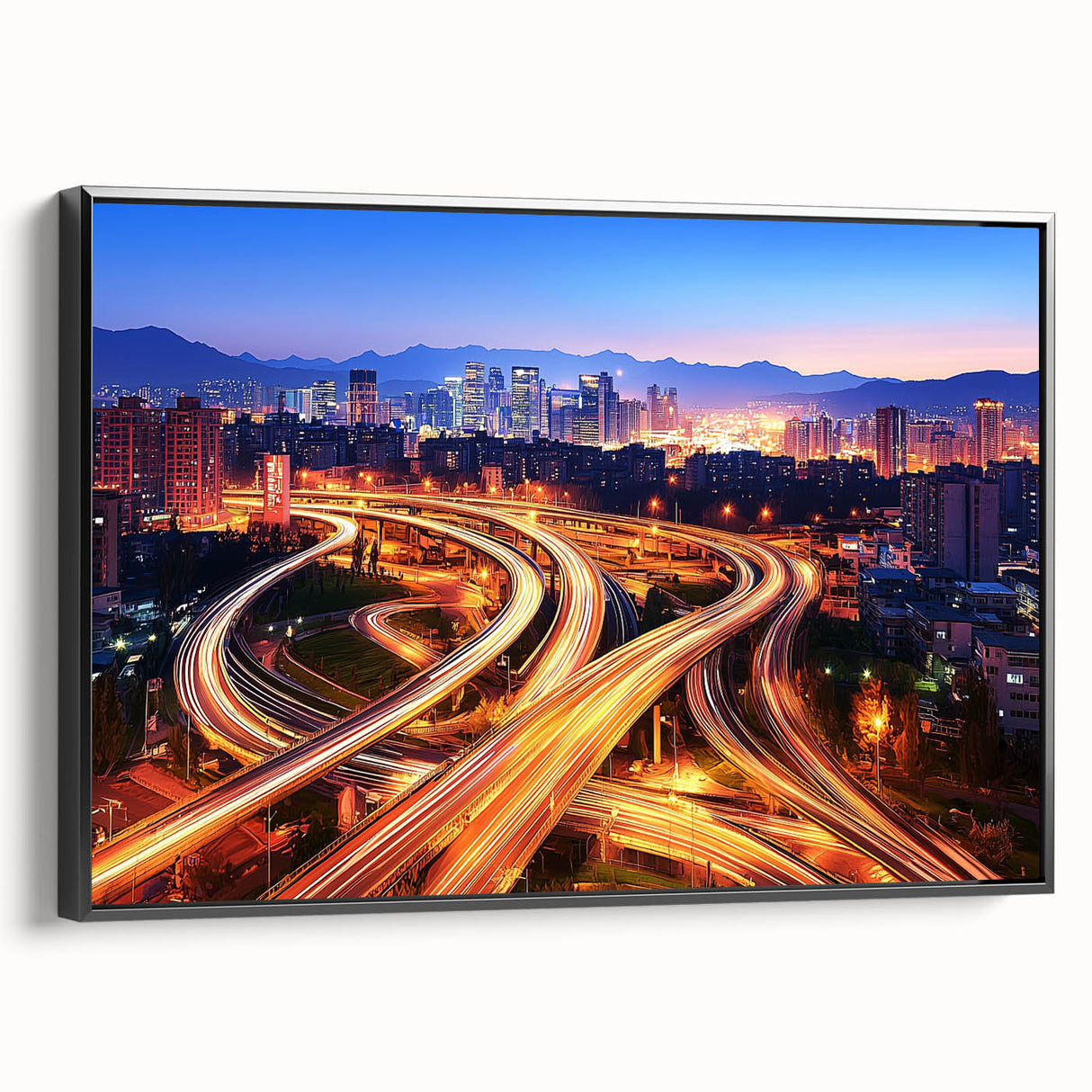 Framed canvas art depicting a landscape bridge in a black frame, showcasing vibrant colors and intricate details, perfect for modern home decor.