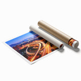 Rolled print showcasing a vibrant landscape bridge design, featuring lush greenery and a serene waterway, packaged securely in a protective cardboard tube for easy transport.