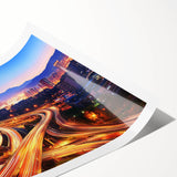 Rolled print showcasing a vibrant landscape bridge design in rich colors, elegantly packaged in a protective cardboard tube for safe storage and transport. Ideal for home decor or art enthusiasts.