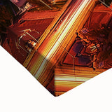 Close-up of a stretched canvas showcasing a vibrant landscape bridge design, featuring rich colors and intricate details, ideal for enhancing home decor.