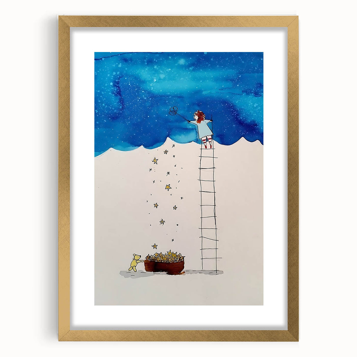 Whimsical Boys Room Wall Art – Child Catching Stars with Teddy Bear