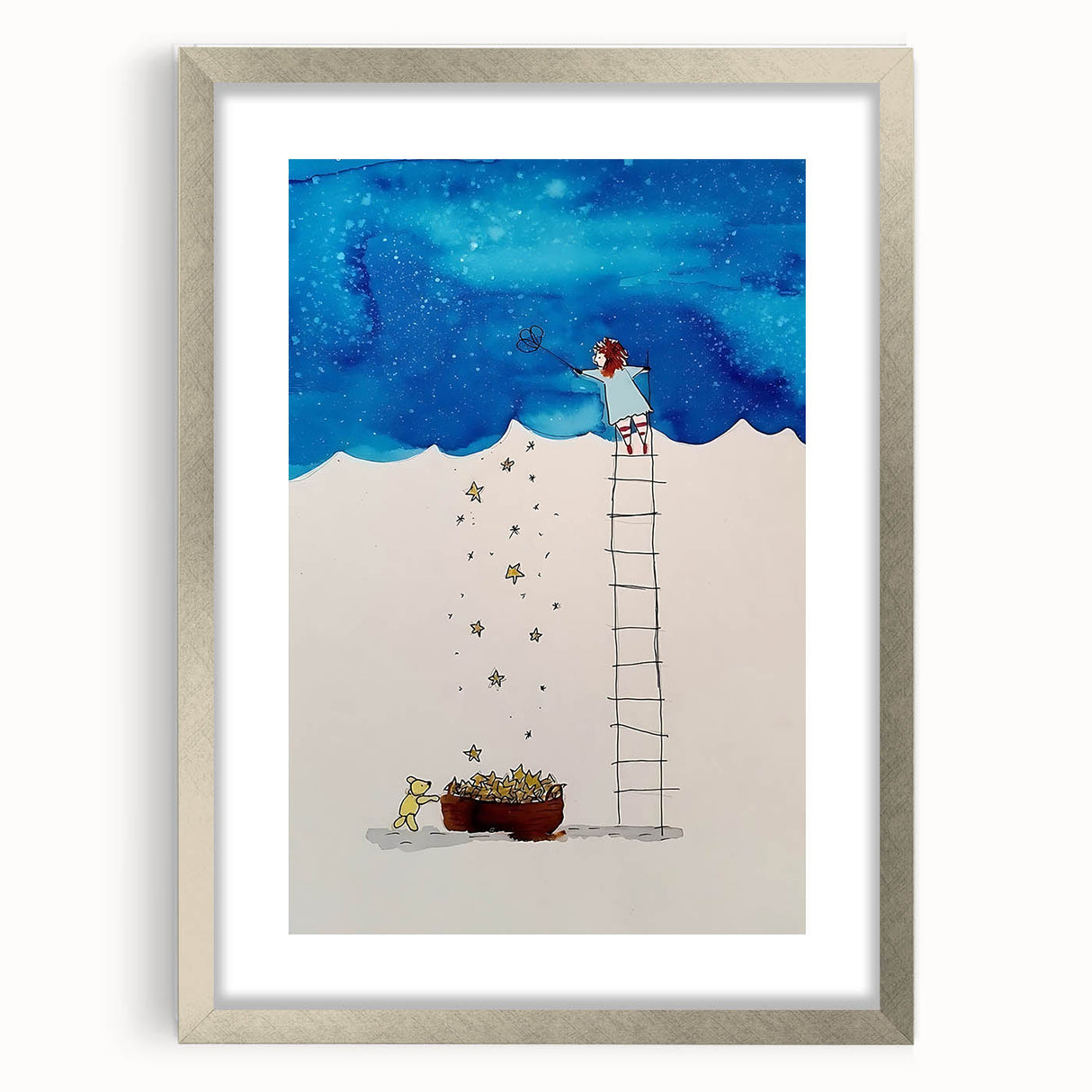 Whimsical Boys Room Wall Art – Child Catching Stars with Teddy Bear