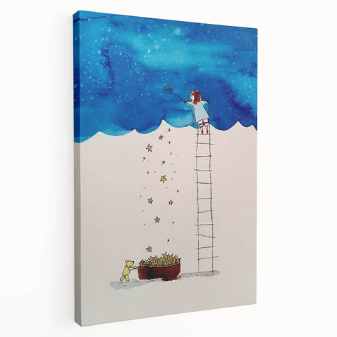 Whimsical Boys Room Wall Art – Child Catching Stars with Teddy Bear