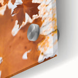 Large abstract wall art featuring mid-century modernist style in warm autumn hues on acrylic glass.