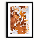 Extra large abstract art print with vibrant autumn hues on textured canvas, framed in black, ideal for living room decor.