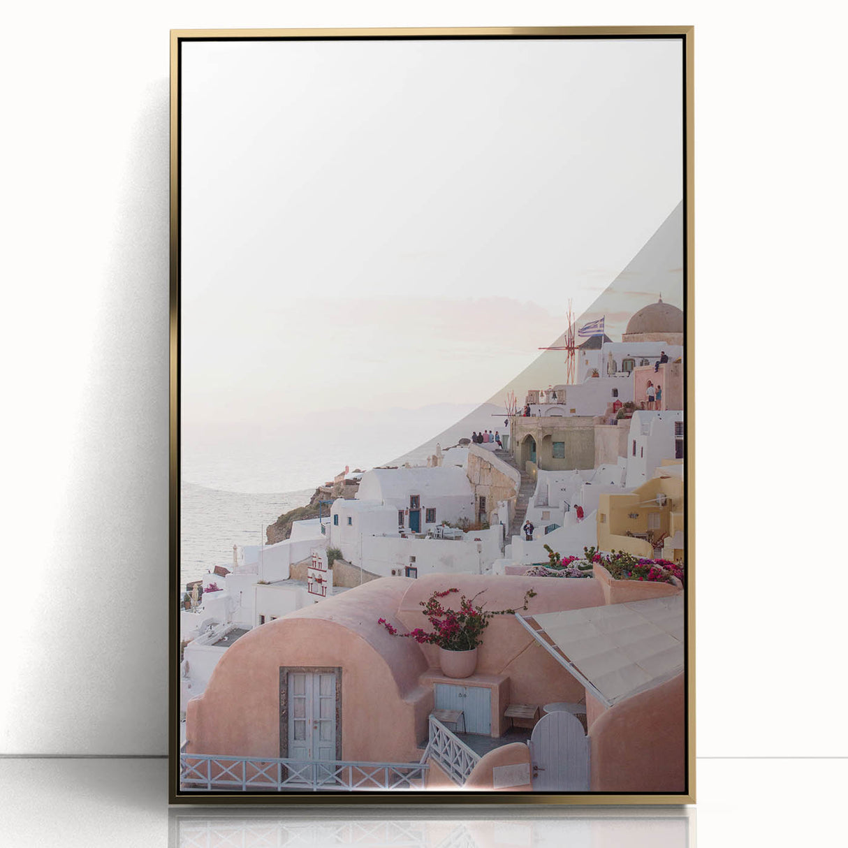 Large art print of a mid-century modernist summer design on acrylic, framed in gold, ideal for nursery wall decor.